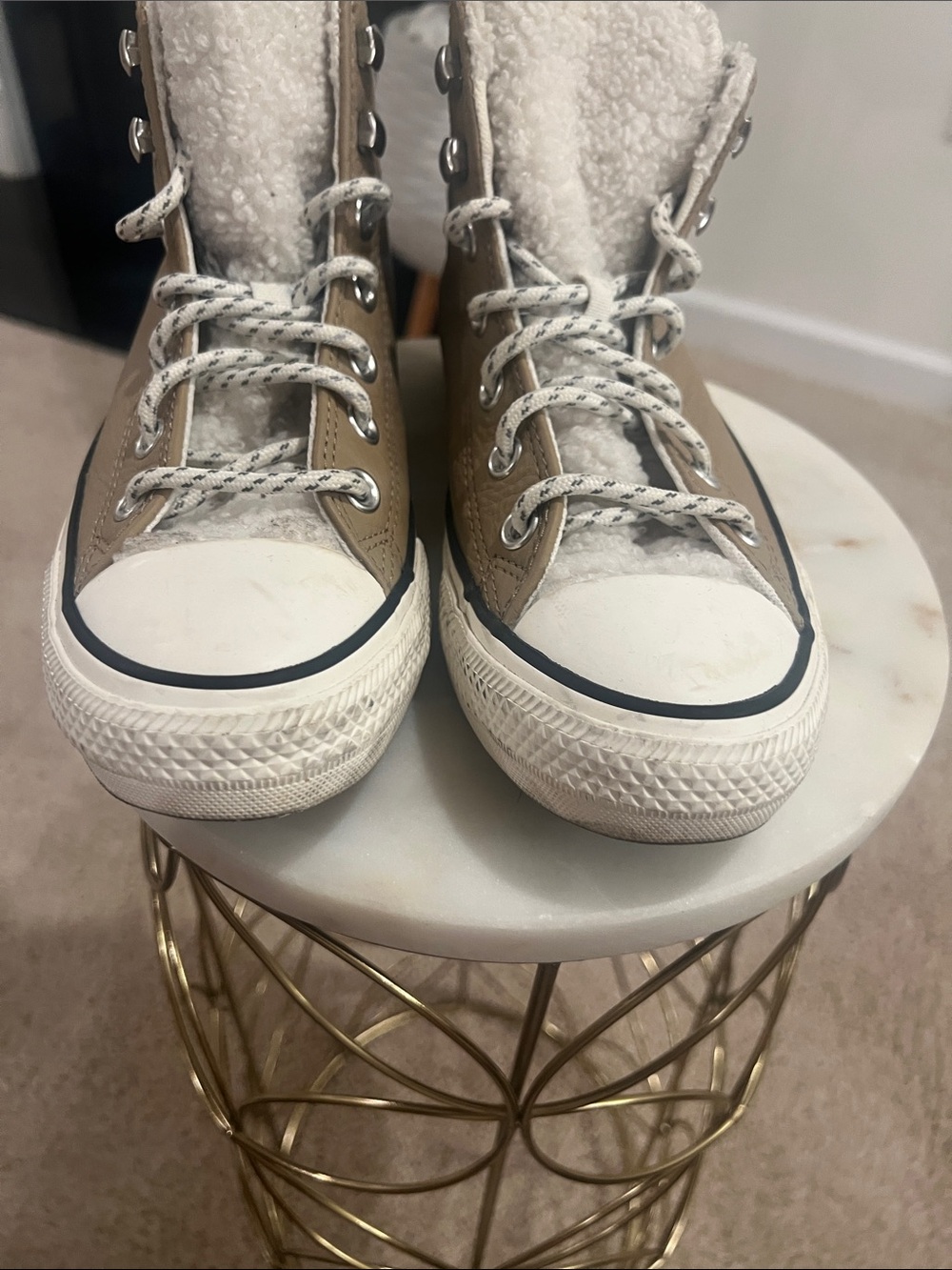Converse Tan High-Top Sherpa-Lined Sneakers with White Accents